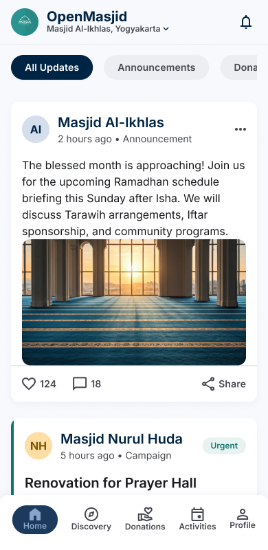 OpenMasjid home feed public screenshot